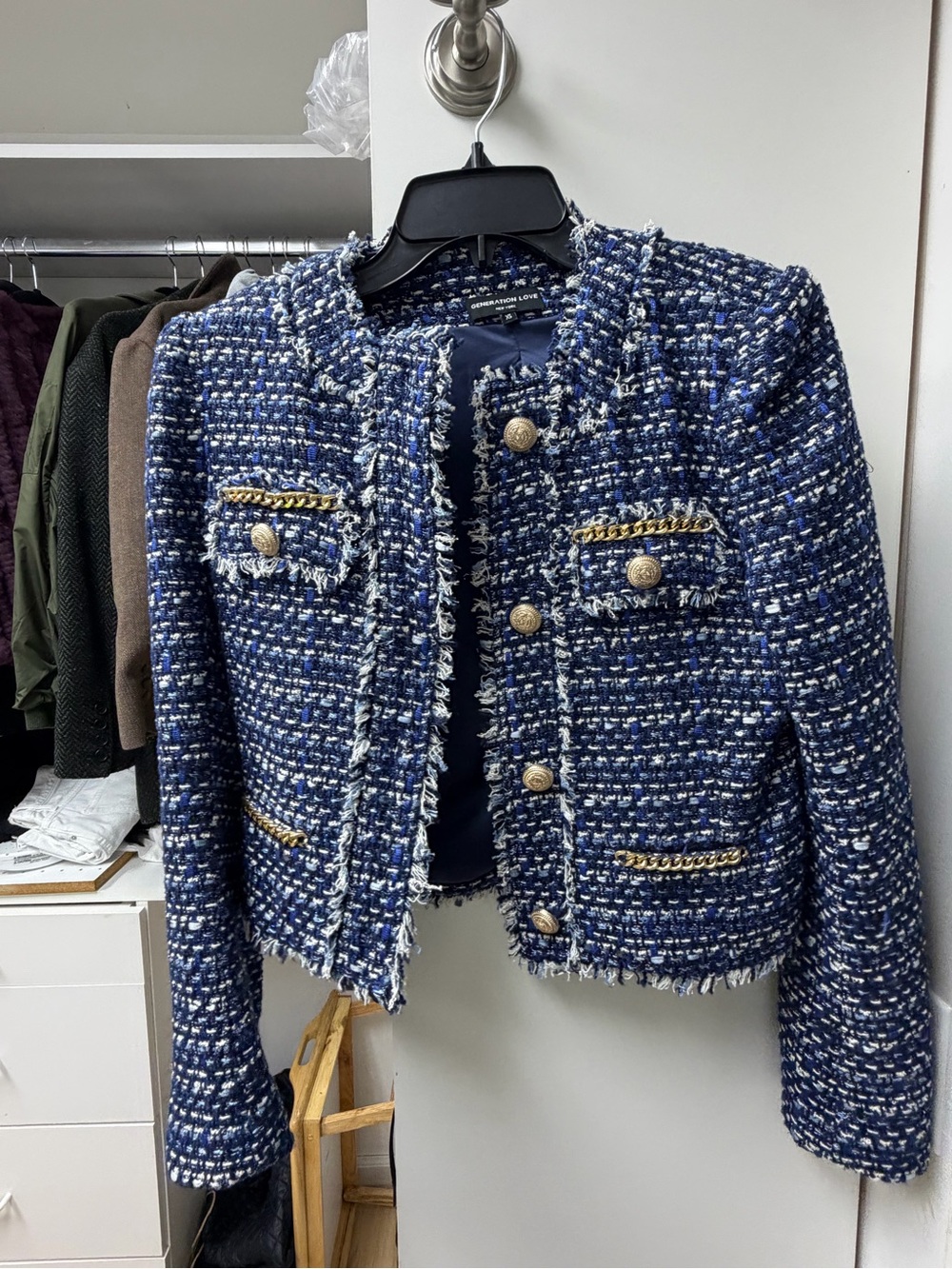 Generation Love Navy Bouclé Tweed Jacket with Gold Chain Trim